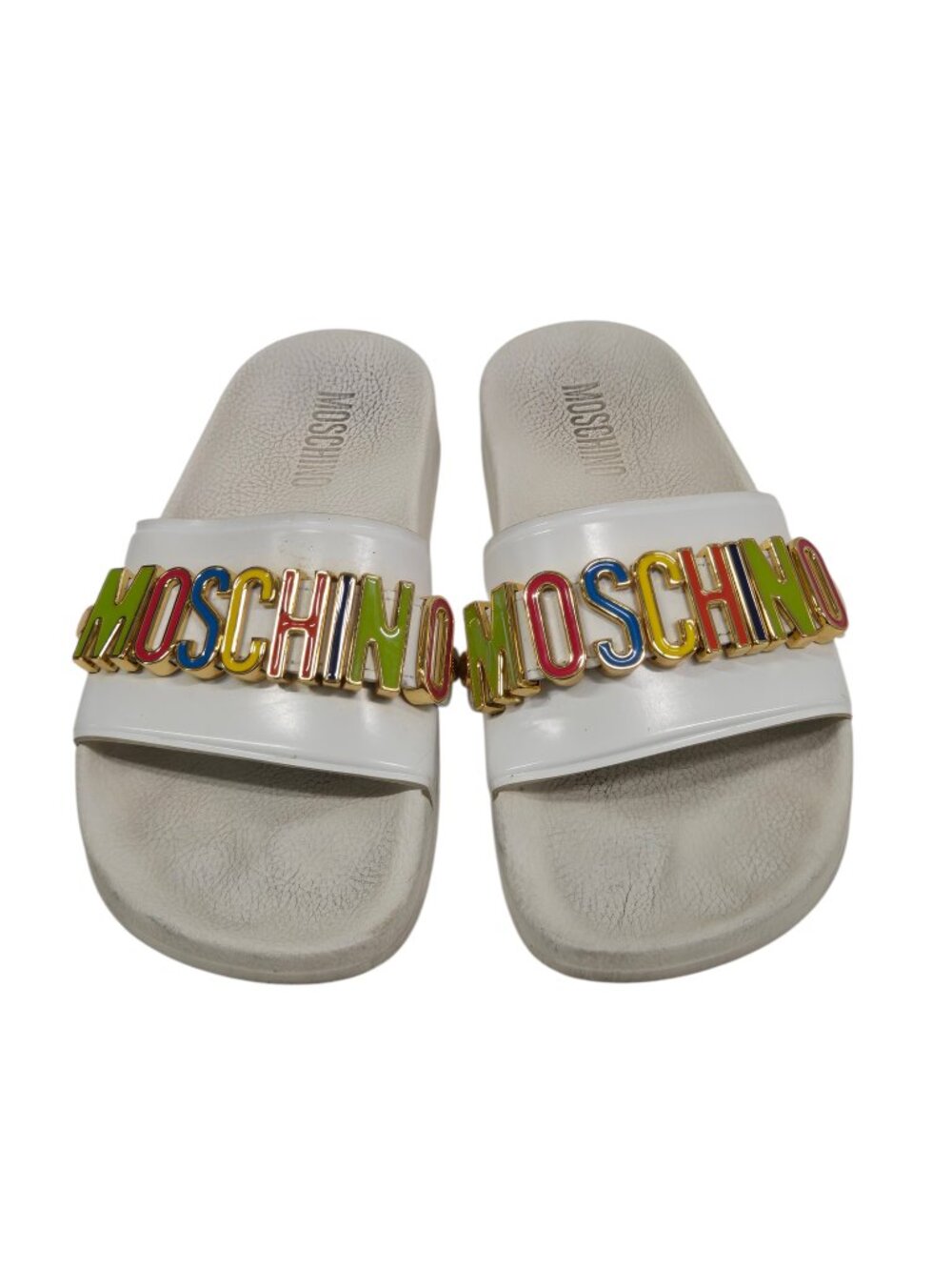 MOSCHINO MULTICOLOR LOGO POOL SLIDES unisex SZ 38